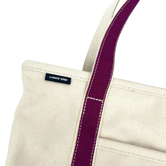 Lands' End Medium 5 Pocket Open Top Long Handle Canvas Tote Bag Ivory Magenta - Picture 2 of 10